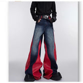 Threebooy Y2k Retro Washed Splicing Jeans for Men New Hip Hop Punk PU Leather Baggy Jeans Straight Casual Black Denim Trousers Streetwear